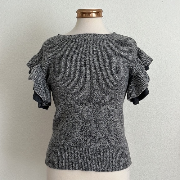 Club Monaco Eris Ruffle Sleeve Marled Merino Wool Sweater Top - Picture 3 of 9